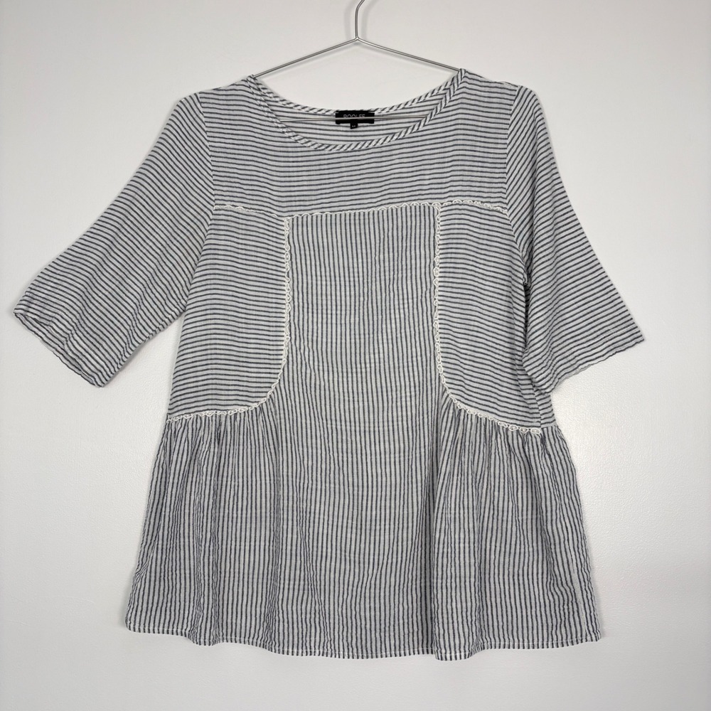 Roolee Womens Top Size M Blue White Striped Lace Trim Babydoll 3/4 Sleeve 118500